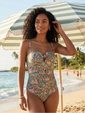 Shade & Shore Shirred Bandeau Molded Teal Paisley One-Piece Swimsuit SZ Large